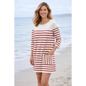Garnet Hill Women's Bijou Vintage Knit Dress Striped Red White Organic Cotton- M